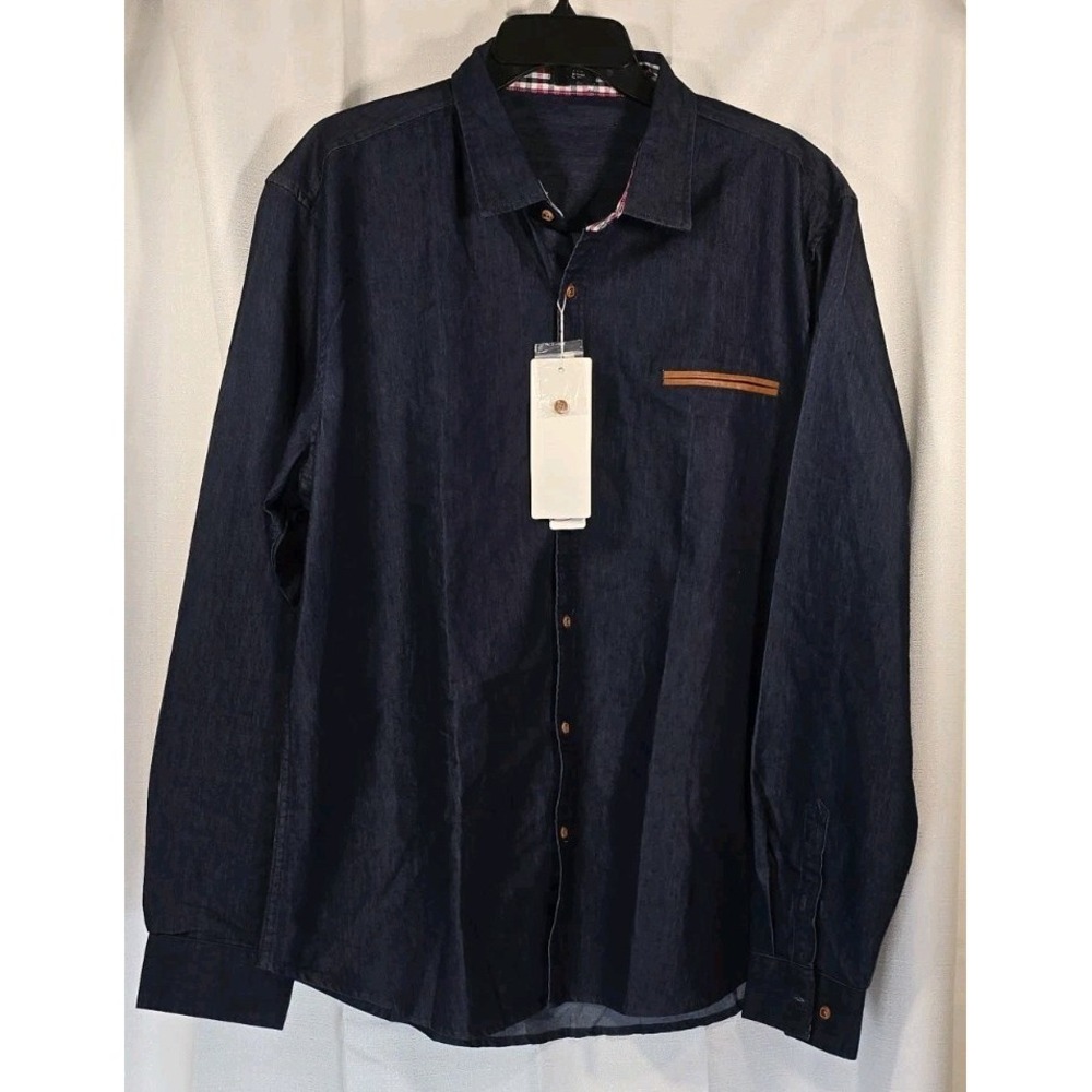 COOFANDY Men's Western Cowboy Shirt Long Sleeve Size XL, Blue denim Leather Trim